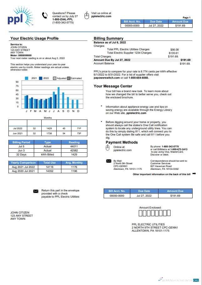 download USA Pennsylvania PPL Electric utility bill template in Word and PDF format PDF template